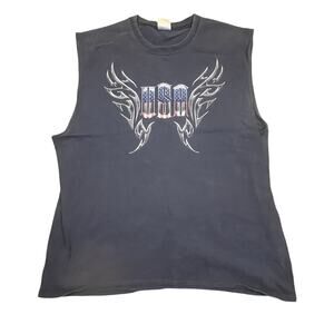USA Patriotic Tribal Graphic Sleeveless Muscle Tank Top Shirt XL Navy Faded